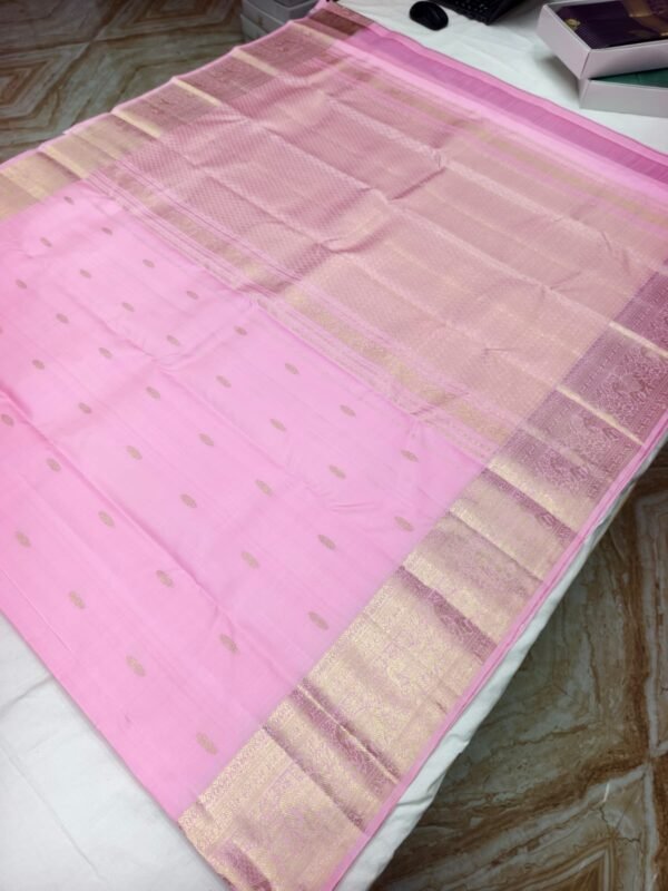Pink Handloom Butta Saree - Floral Butta Motifs with Elephant Procession Border - full view
