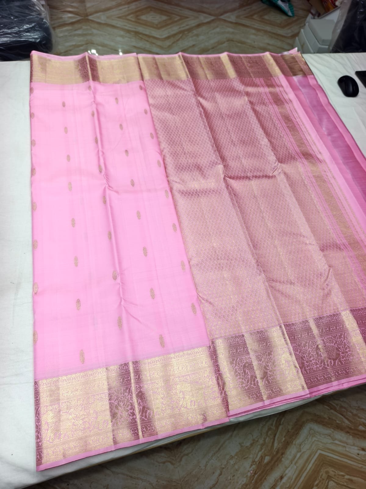 Pink Handloom Butta Saree - Floral Butta Motifs with Elephant Procession Border - detail view 1