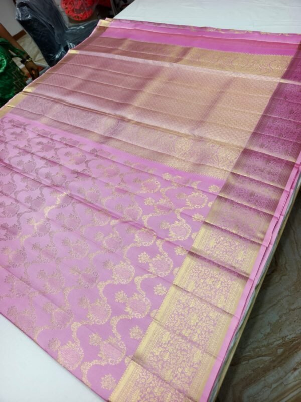 Pink Handloom Self Brocade Vintage Saree - Scalloped Medallion Zari Weave - full view