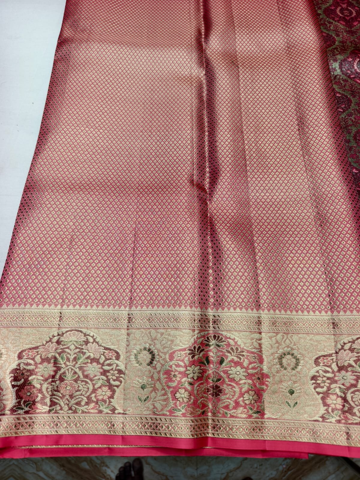 Pink Meenakari Silk Saree with Medallion Pallu - close-up view