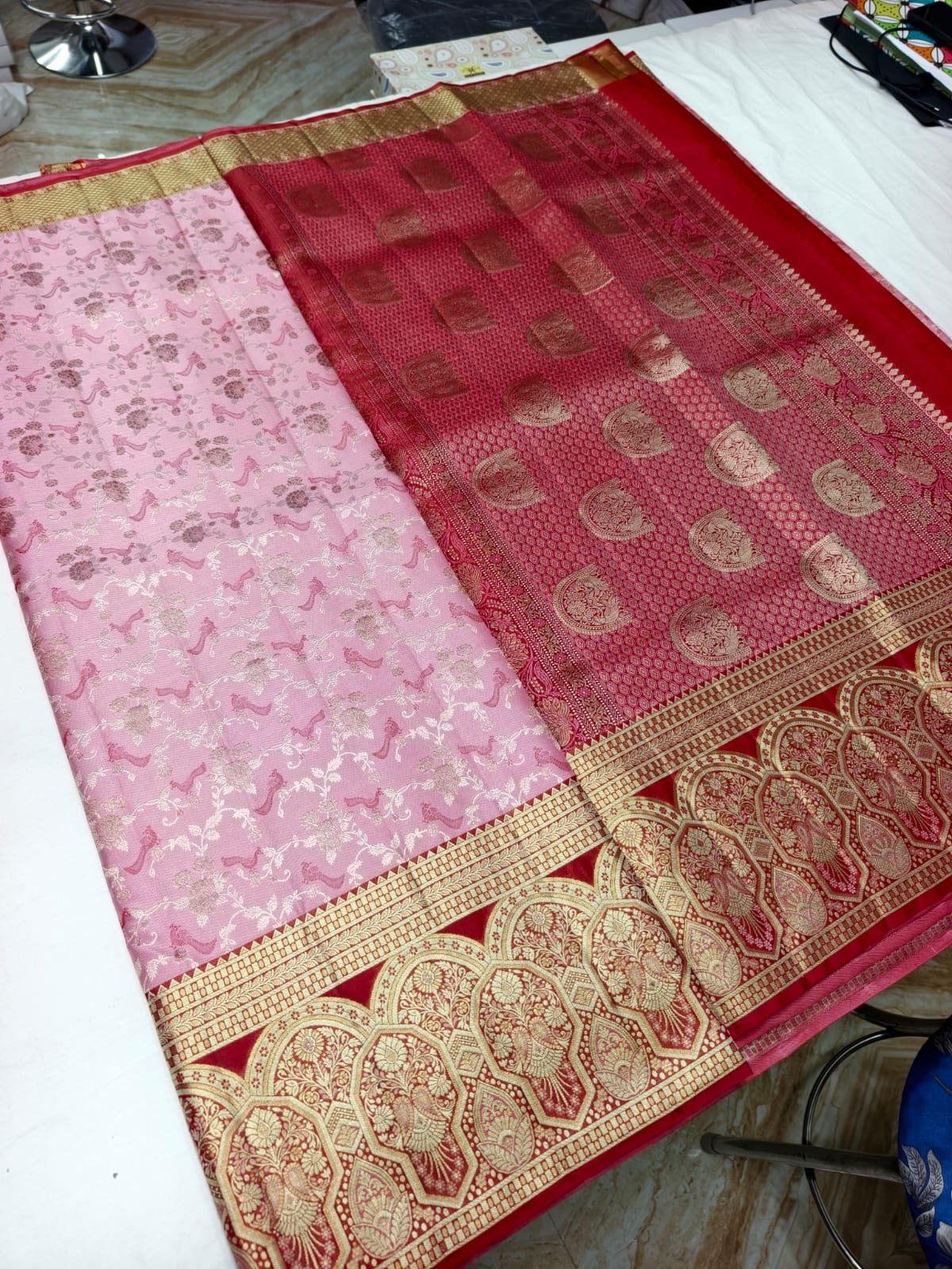 Pink Meenakari Pattu Saree with Red Gold Paisley Pallu - border detail