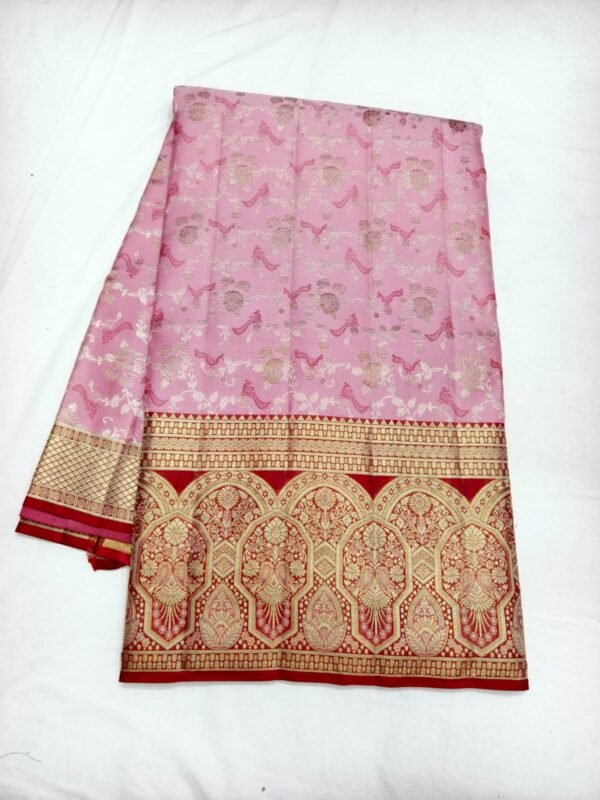 Pink Dharmavaram Meenakari Pattu Saree with Red Gold Paisley Pallu - full view