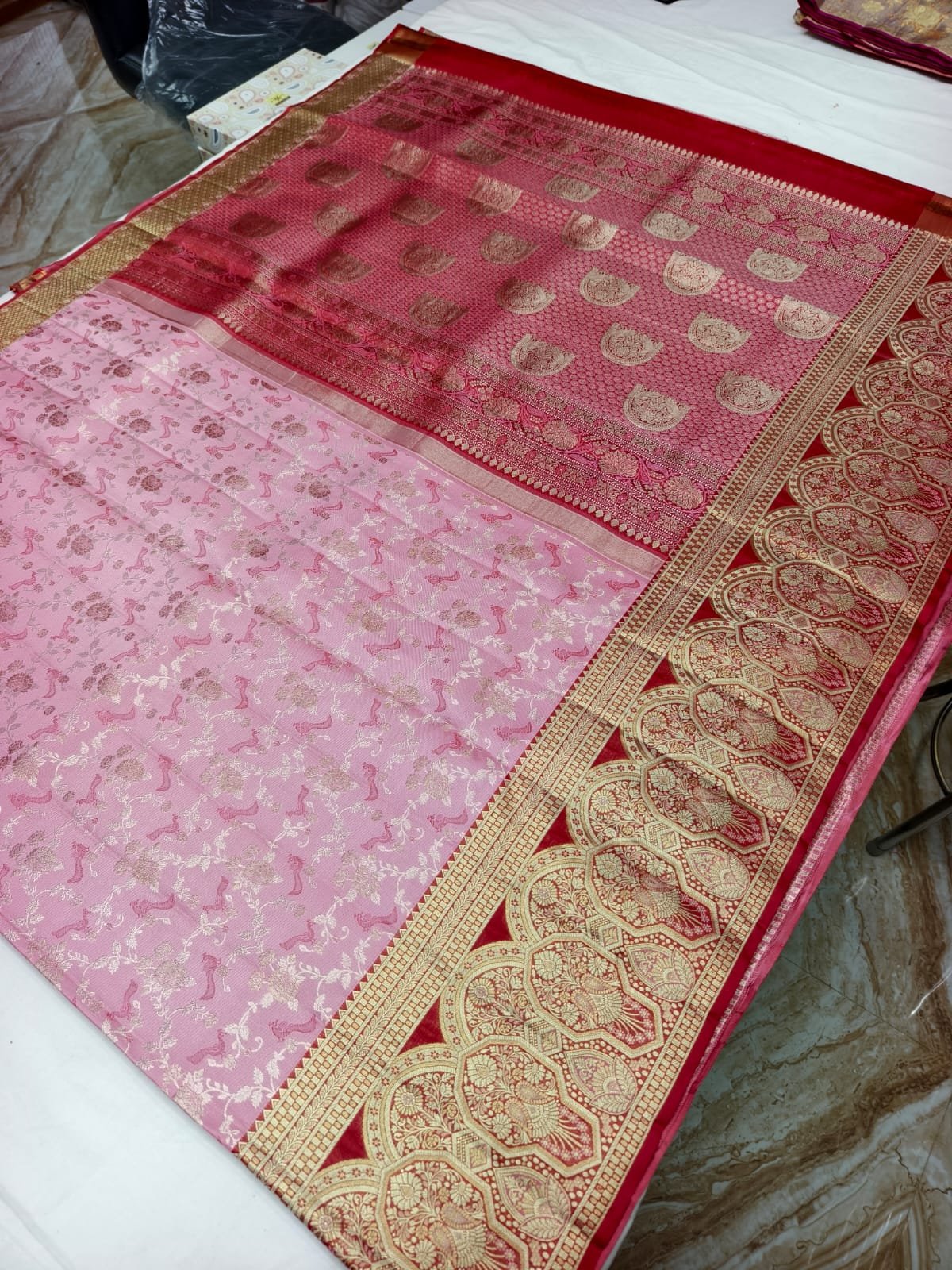 Pink Meenakari Pattu Saree with Red Gold Paisley Pallu - pallu detail