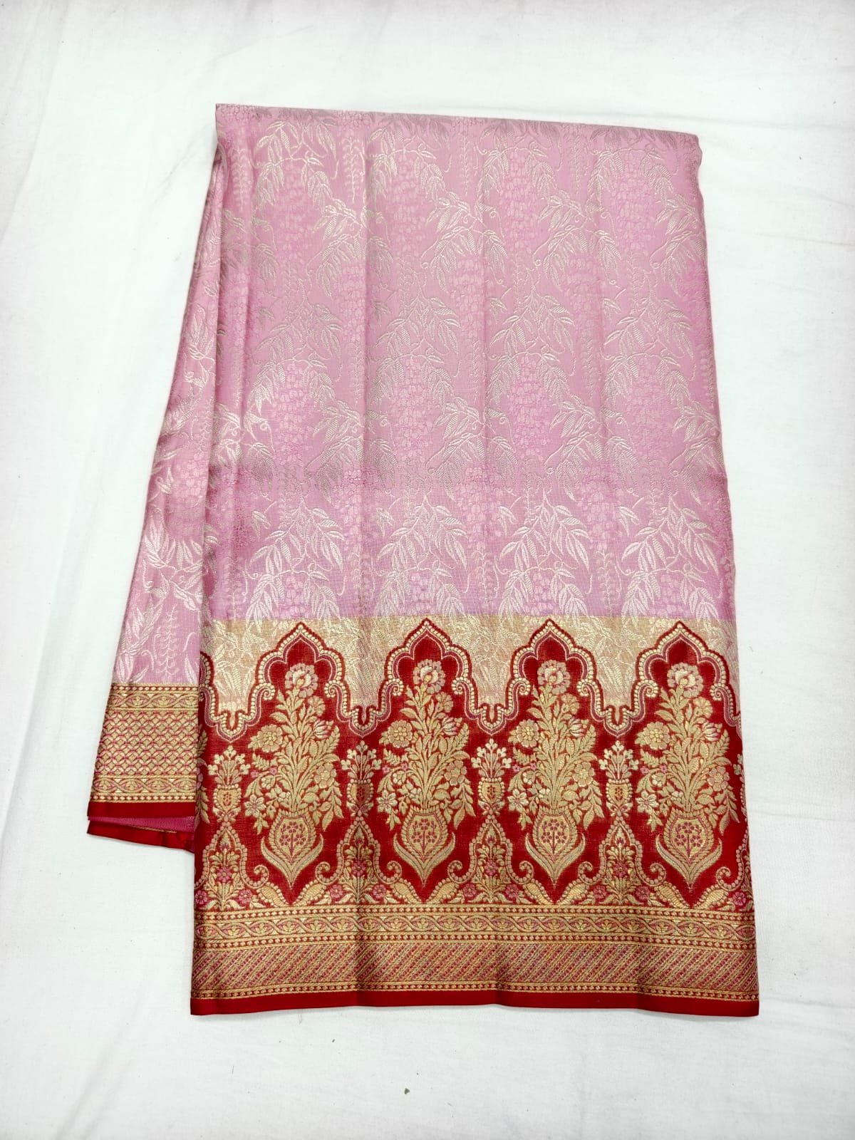 Pink Dharmavaram Meenakari Silk Saree with Maroon Zari Pallu - full view