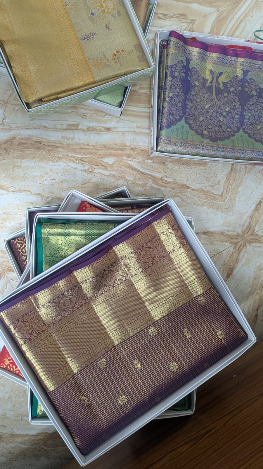 Purple and green handloom silk saree with peacock motif pallu, Ramanji Handlooms Dharmavaram stock