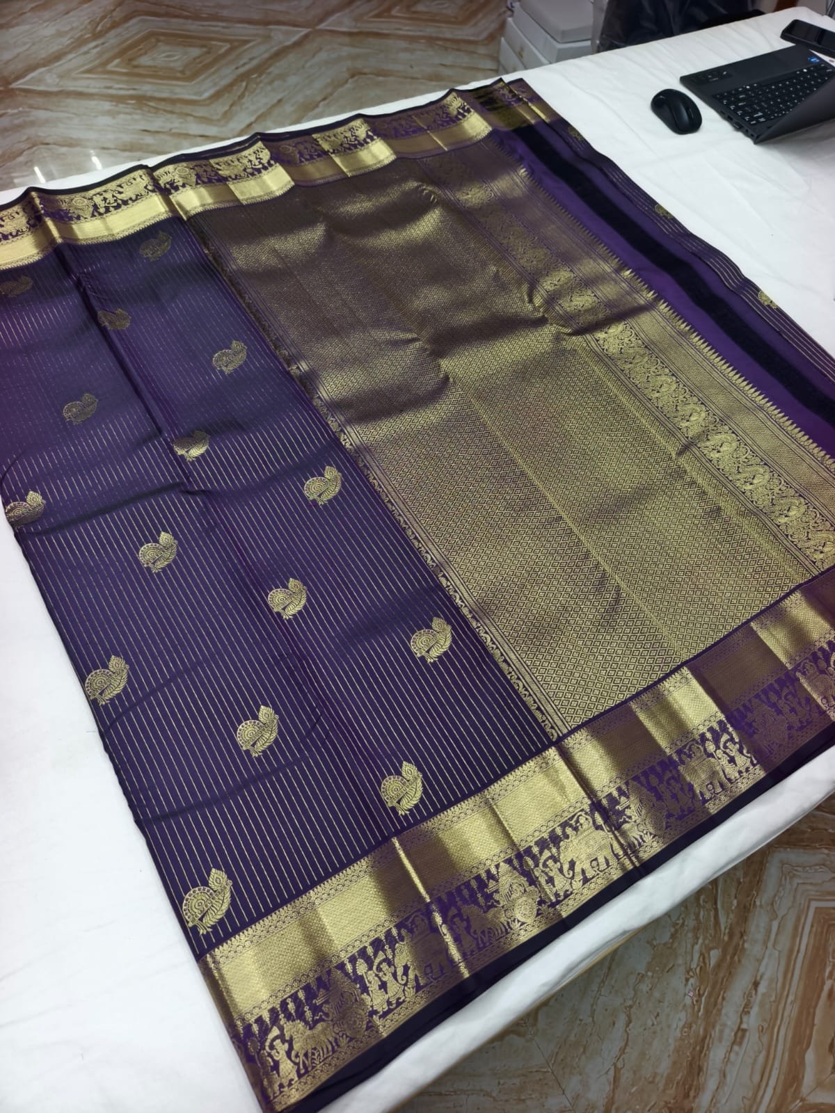 Purple Handloom Butta Saree - Mango Motif Butta with Elephant Procession Border - detail view 3