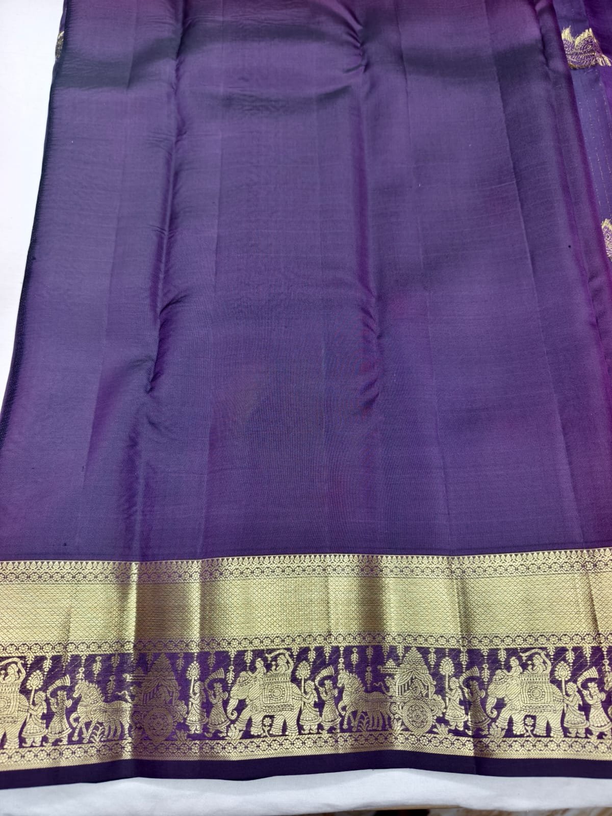 Purple Handloom Butta Saree - Mango Motif Butta with Elephant Procession Border - detail view 2