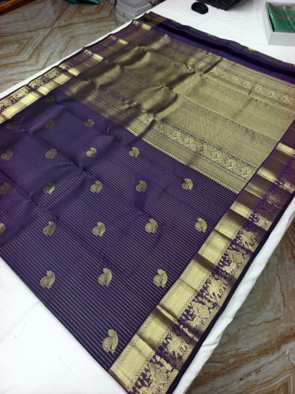 Purple Handloom Butta Saree - Mango Motif Butta with Elephant Procession Border - full view
