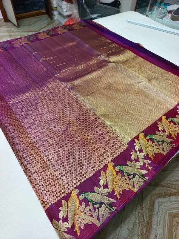 Purple Handloom Pure Silk Parrot Design Pattu Saree - Floral & Parrot Motif Pallu - detail view 1