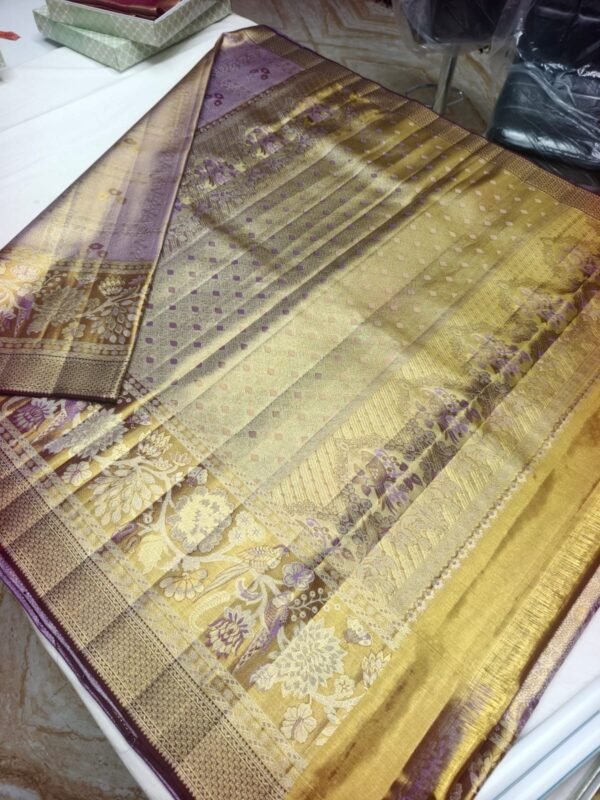 Purple Dharmavaram Meenakari Pattu Saree with Gold Booti Work - full view