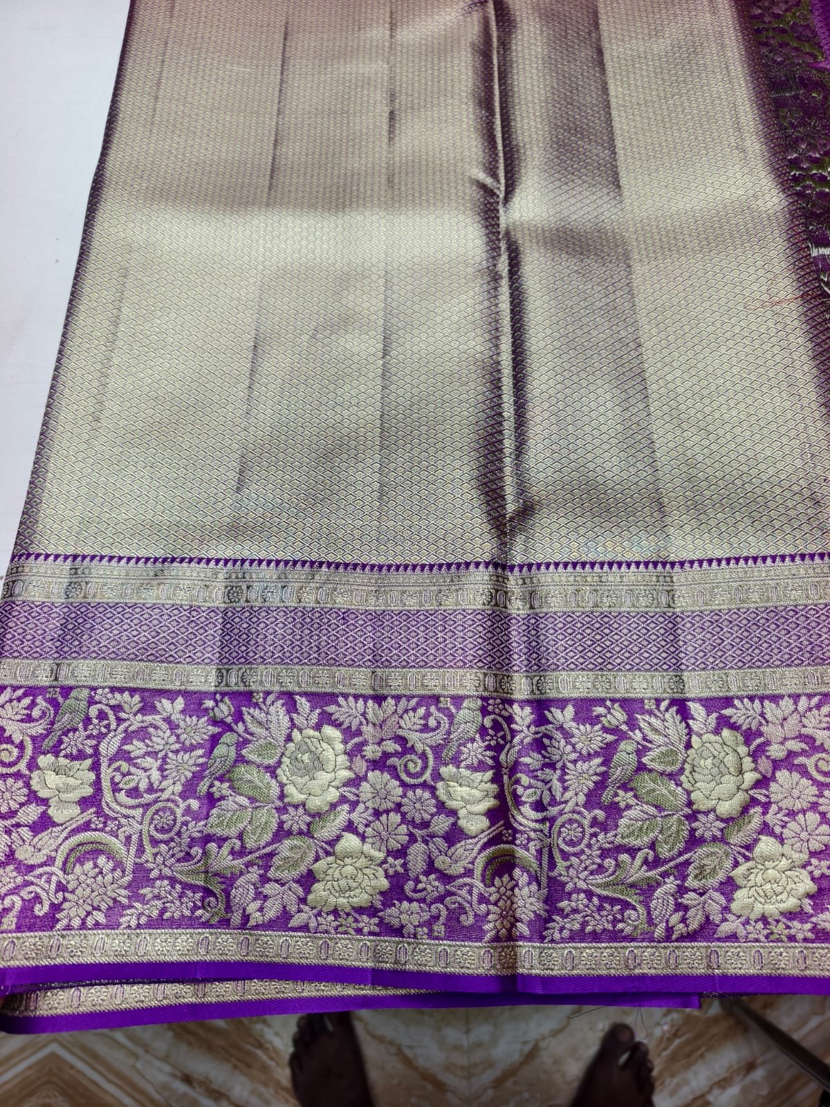 Purple Dharmavaram Meenakari Silk Saree with Floral Pallu - close-up view