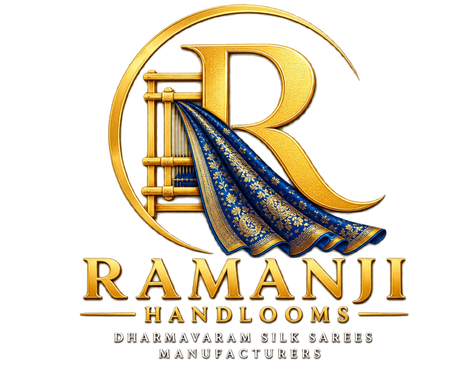 Ramanji Handlooms logo - gold R monogram with loom and blue Dharmavaram silk saree