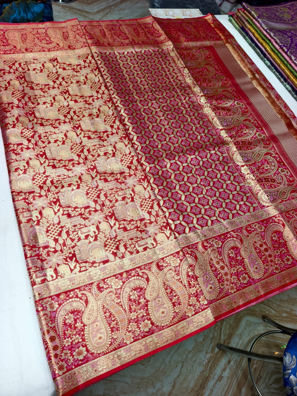 Deep Red Meenakari Pattu Saree with Gold Pallu - border detail