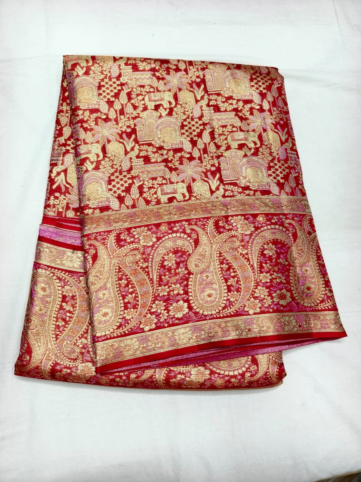 Deep Red Dharmavaram Meenakari Pattu Saree with Gold Pallu - full view