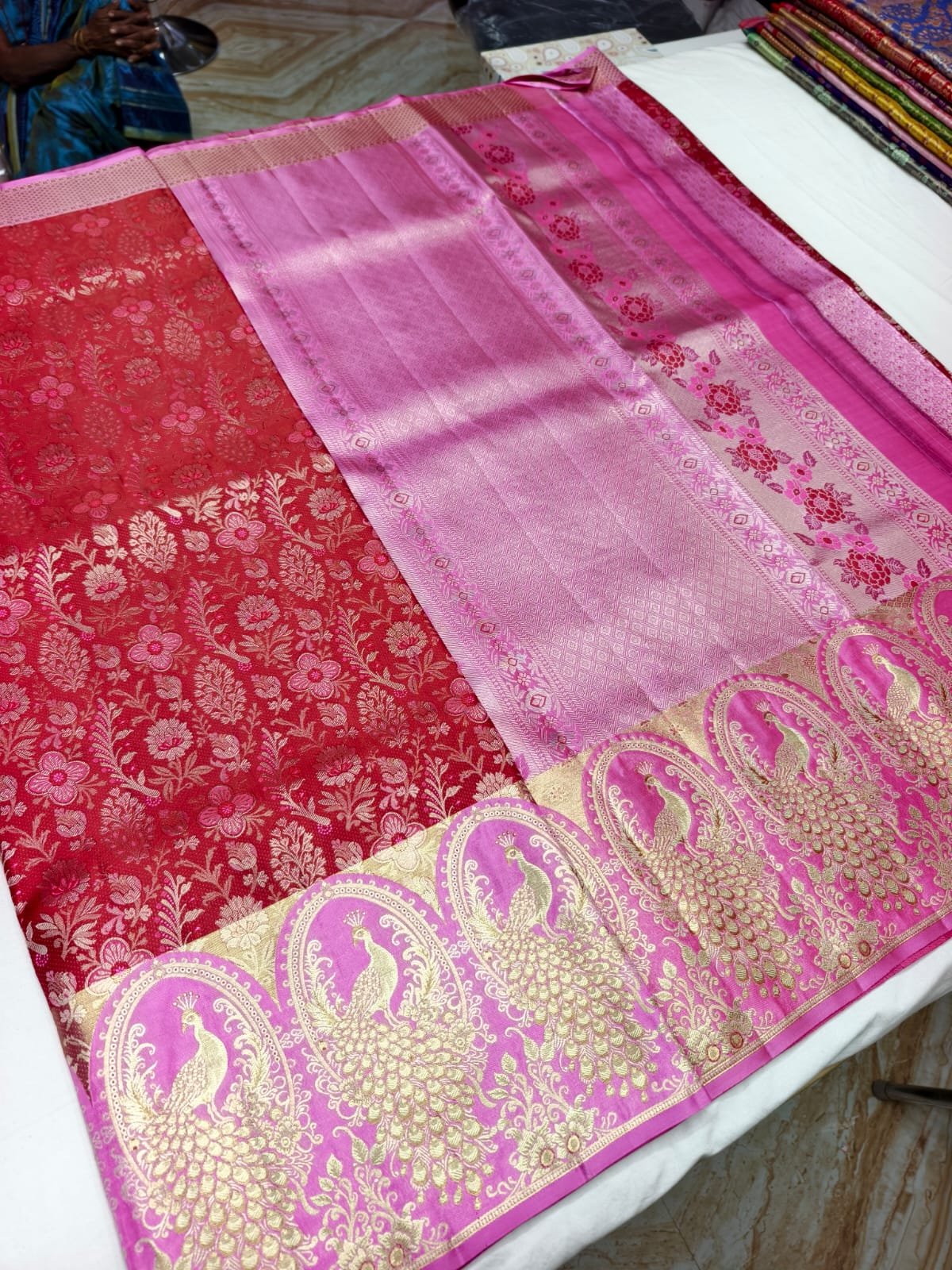 Deep Red Dharmavaram Meenakari Pattu Saree with Peacock Pallu - border detail