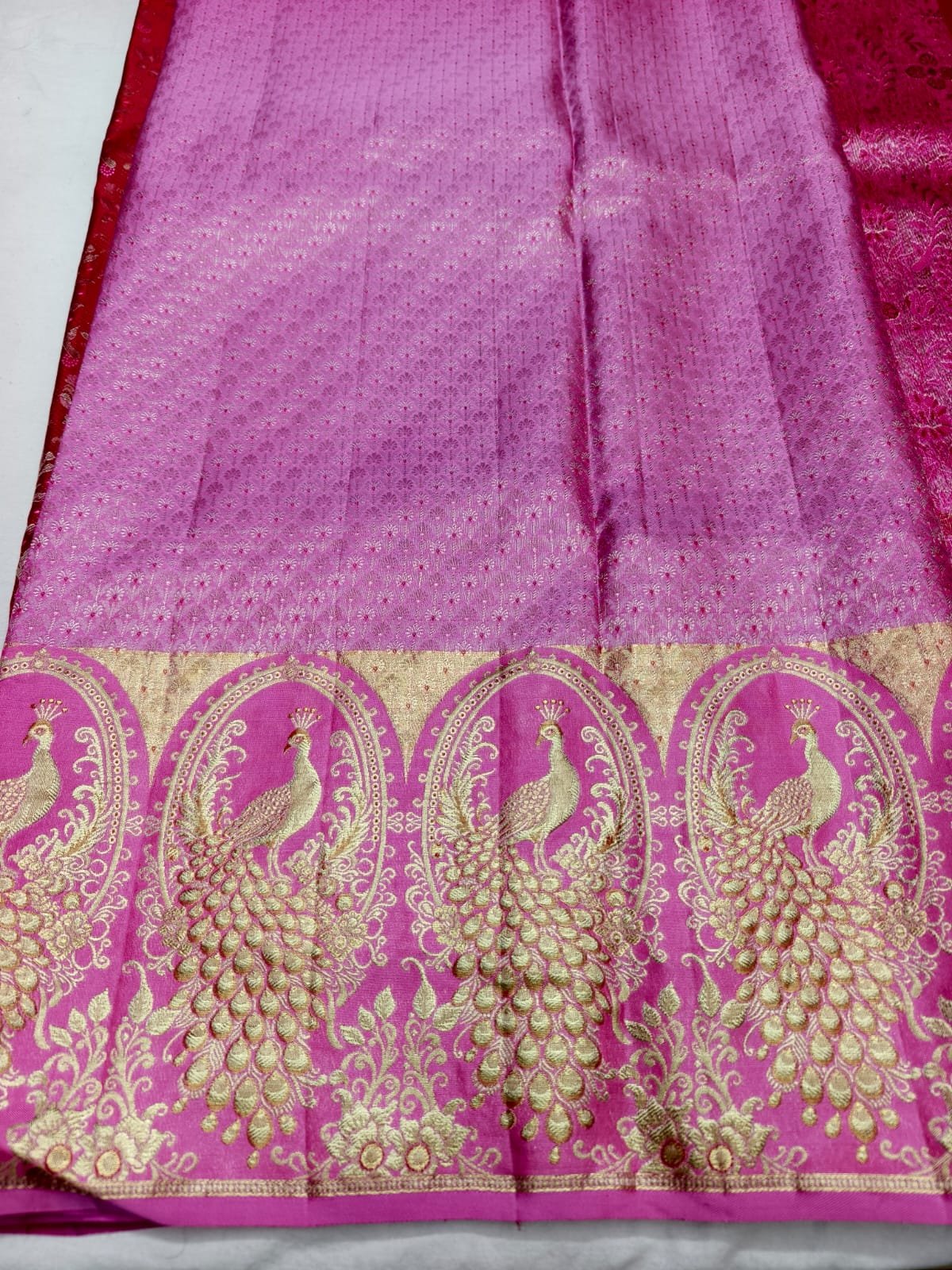 Deep Red Dharmavaram Meenakari Pattu Saree with Peacock Pallu - close-up view