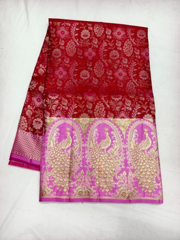 Deep Red Dharmavaram Meenakari Pattu Saree with Peacock Pallu - full view