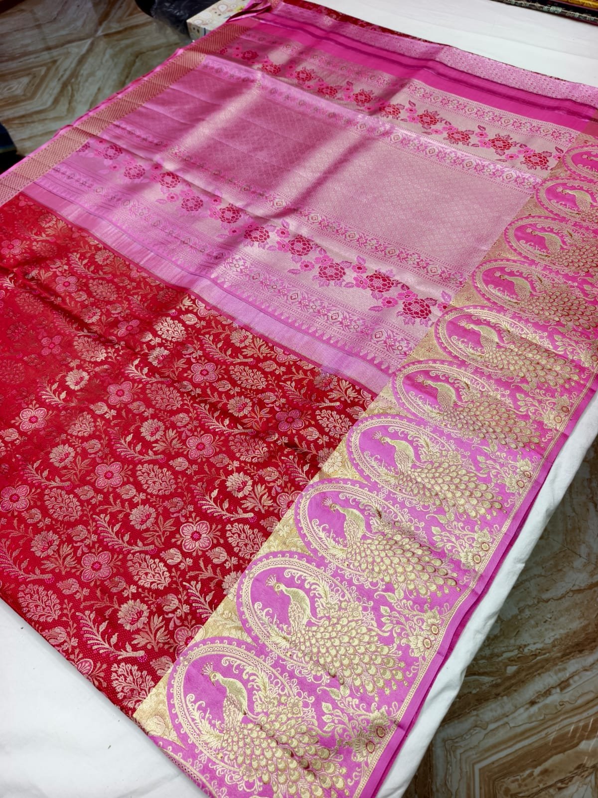 Deep Red Dharmavaram Meenakari Pattu Saree with Peacock Pallu - pallu detail