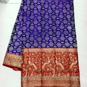Royal blue Dharmavaram silk saree with red peacock motif pallu