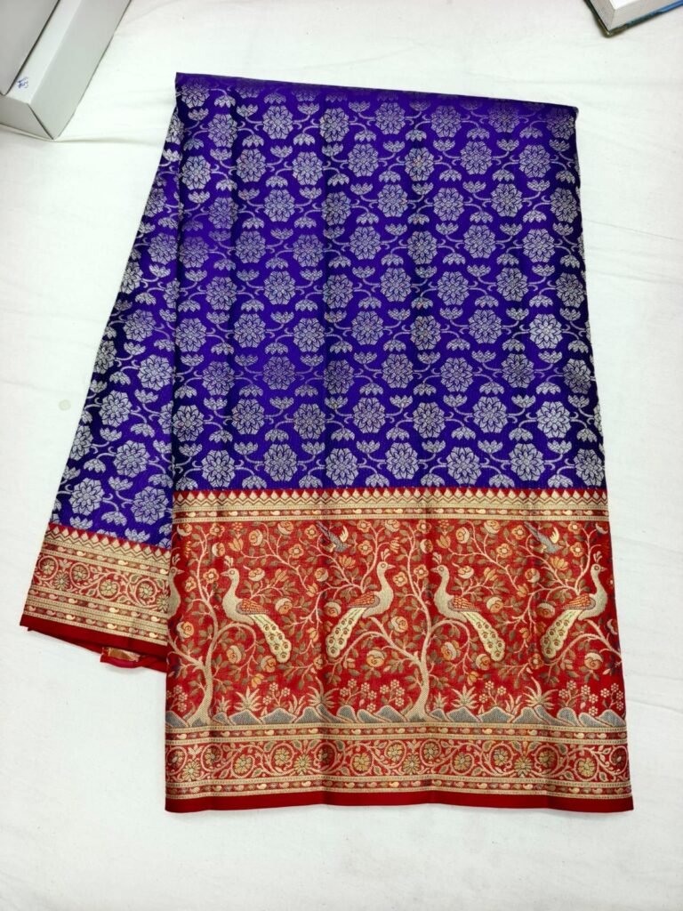 Royal blue Dharmavaram silk saree with red peacock motif pallu