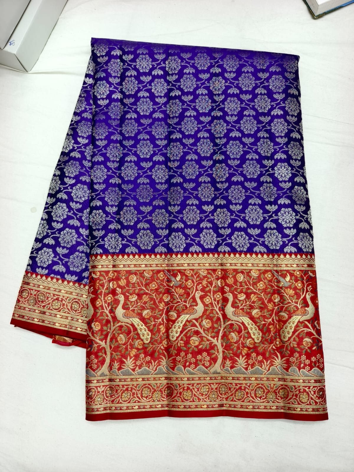 Royal blue Dharmavaram bridal silk saree with red peacock motif pallu