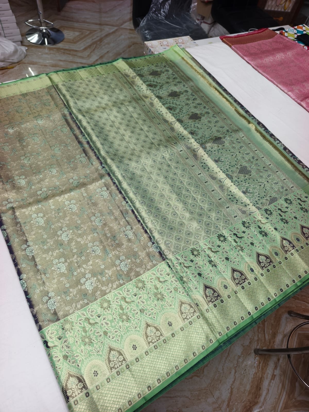 Sage Green Dharmavaram Meenakari Silk Saree with Mint Temple Border Pallu - border detail
