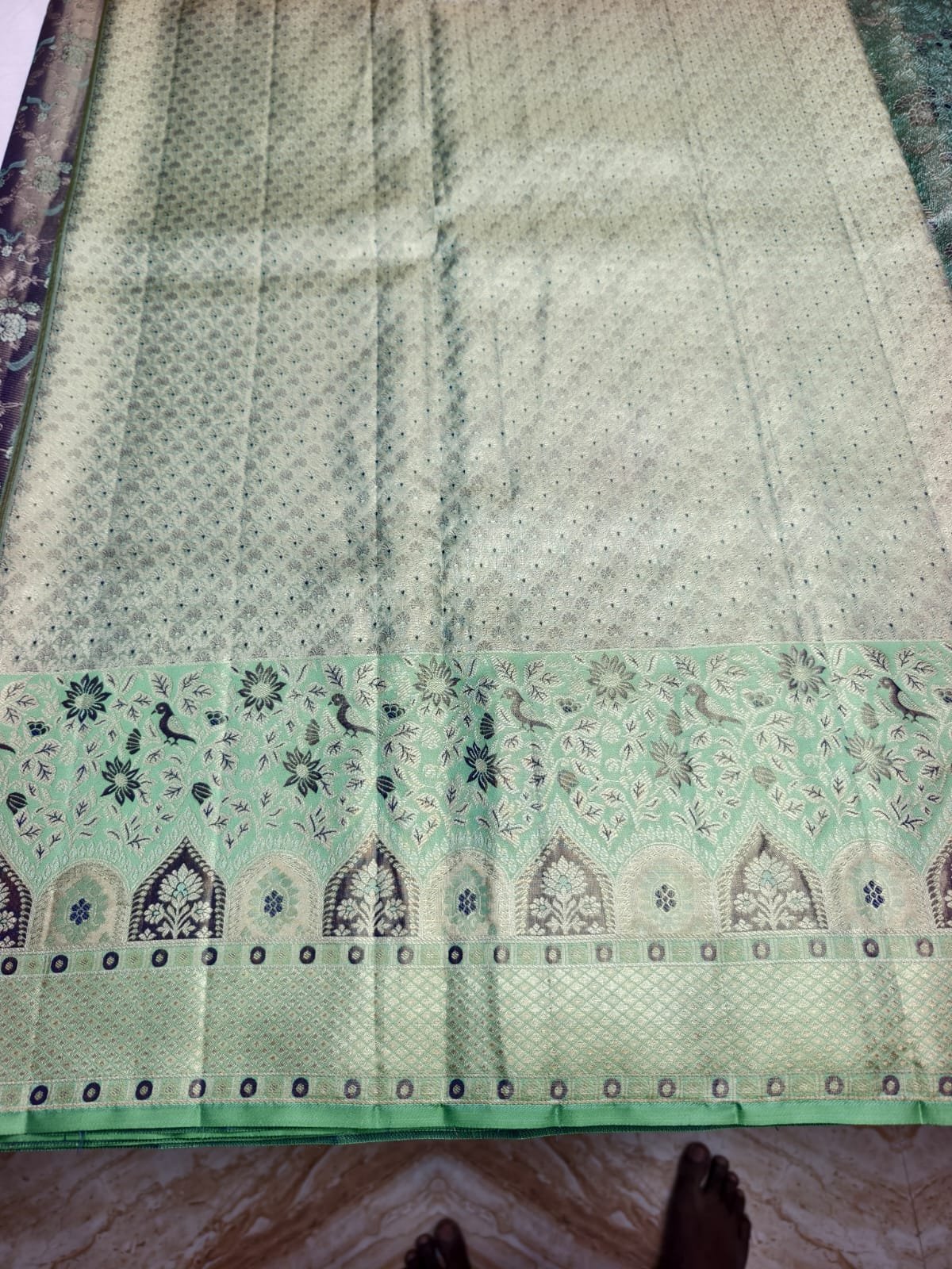 Sage Green Dharmavaram Meenakari Silk Saree with Mint Temple Border Pallu - close-up view