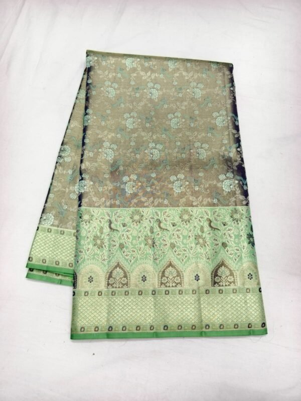Sage Green Dharmavaram Meenakari Silk Saree with Mint Temple Border Pallu - full view