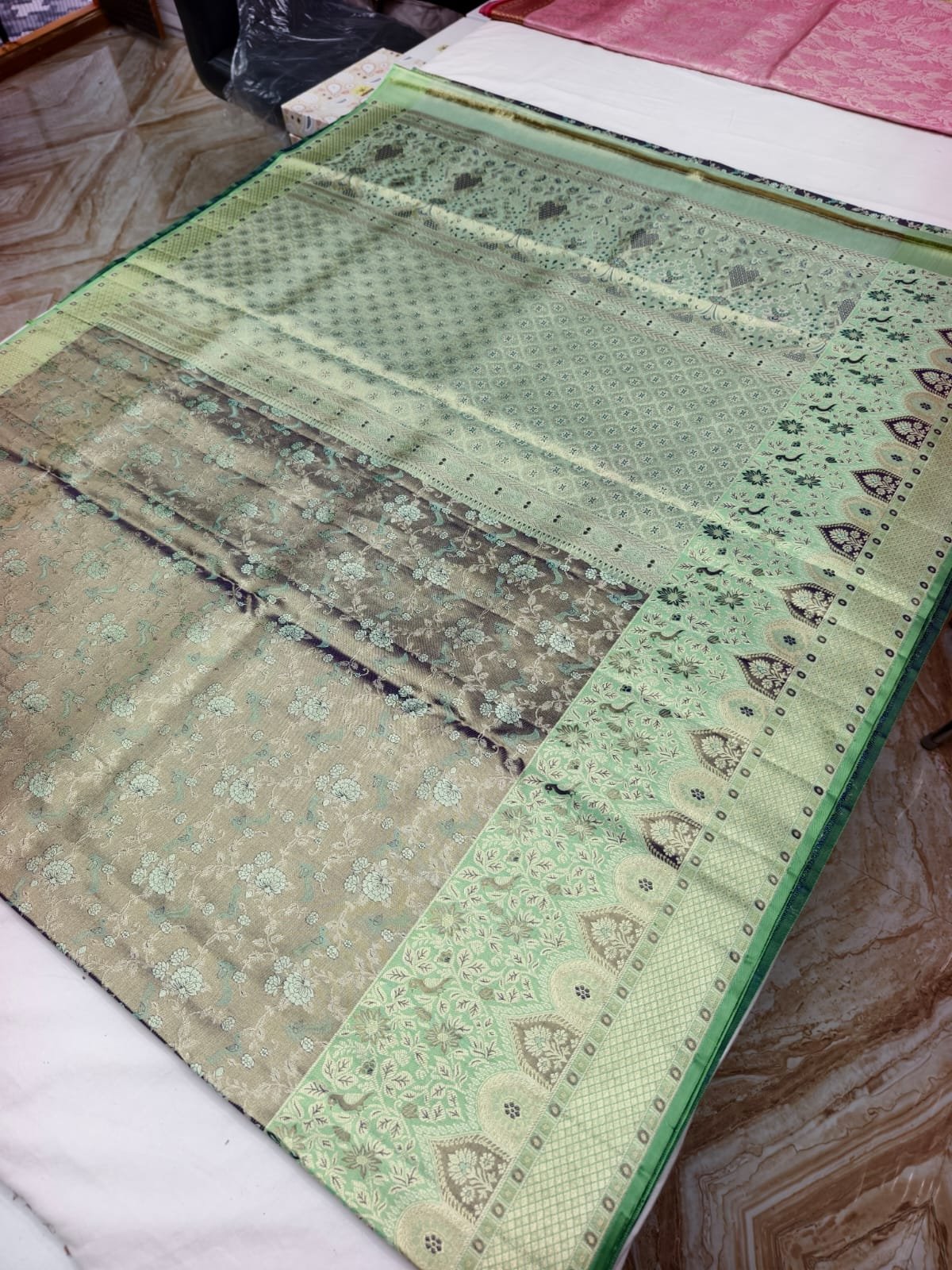 Sage Green Dharmavaram Meenakari Silk Saree with Mint Temple Border Pallu - pallu detail