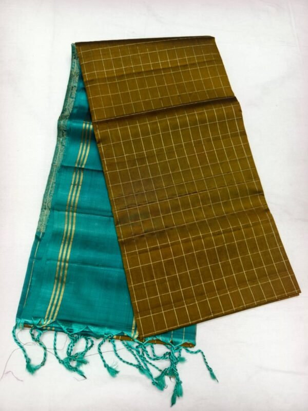 Teal Handloom Soft Silk Saree with Double Warp Weave - Olive Gold Pallu - full view
