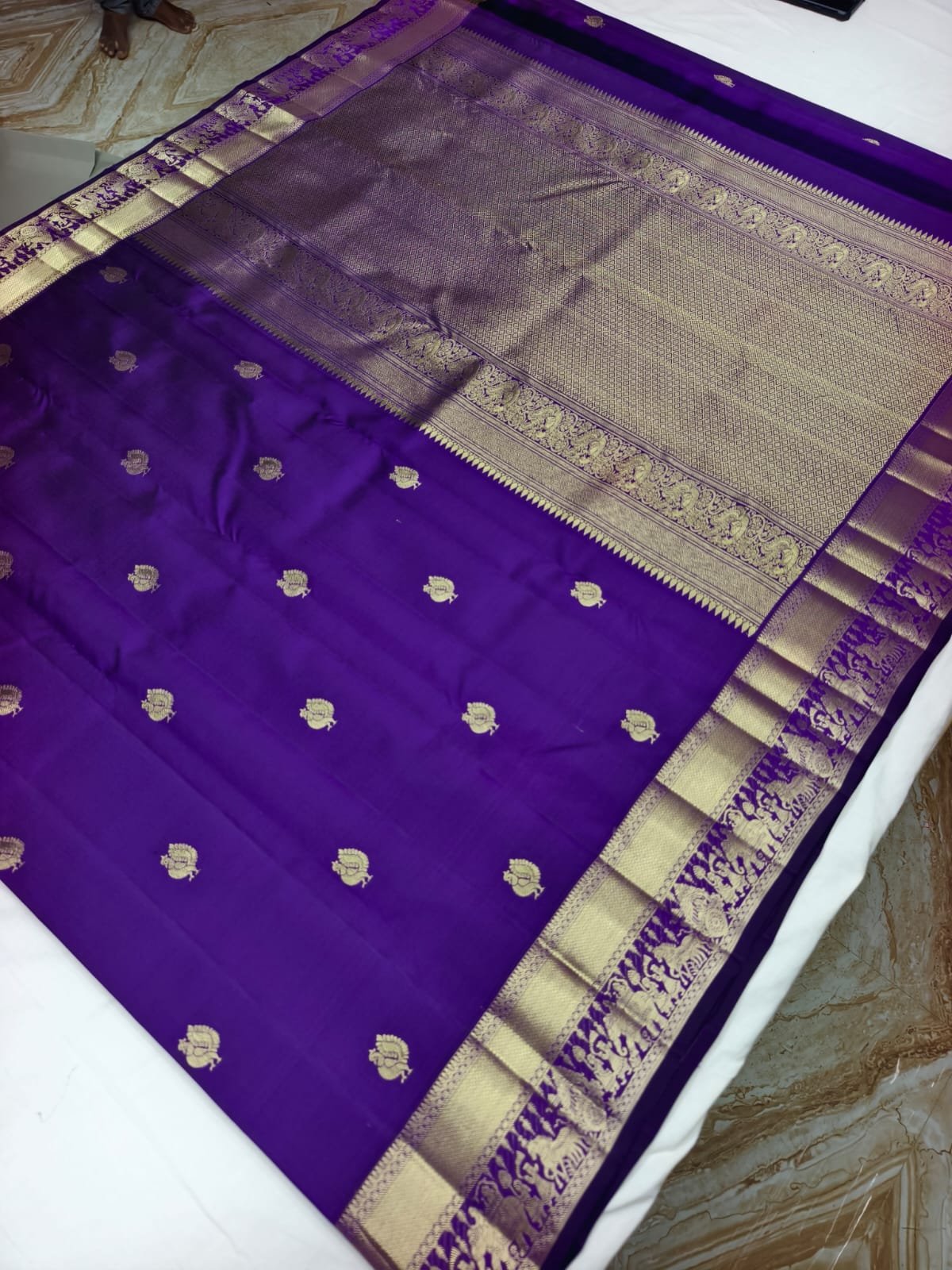 Violet Handloom Butta Saree - Bird Motif Butta with Elephant Procession Border - detail view 1