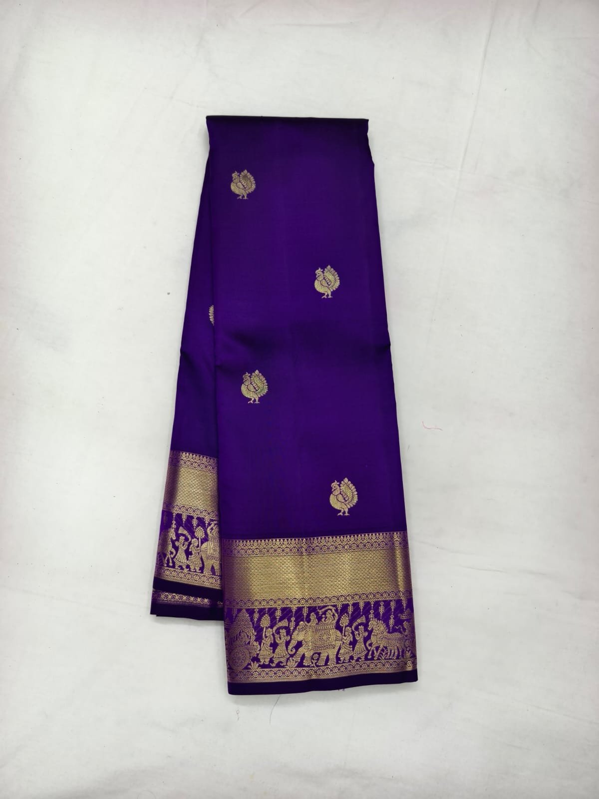 Violet Handloom Butta Saree - Bird Motif Butta with Elephant Procession Border - detail view 3