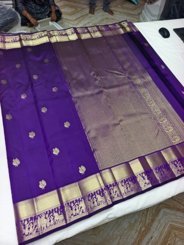 Violet Handloom Butta Saree - Bird Motif Butta with Elephant Procession Border - full view