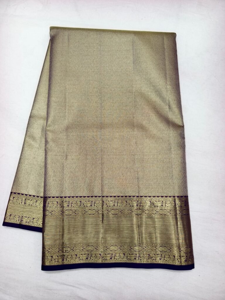 Antique gold Dharmavaram zari silk saree with fine check brocade and a traditional navy blue border