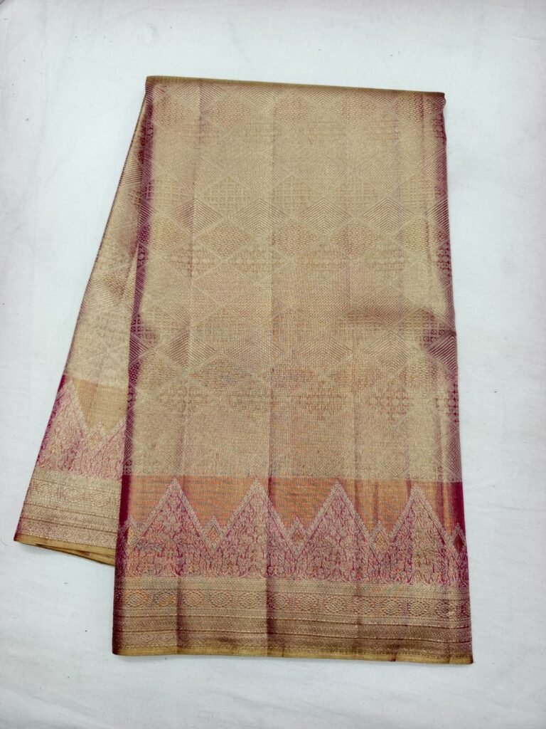 Antique gold Dharmavaram handloom saree with geometric diamond brocade and a dusty pink temple pallu