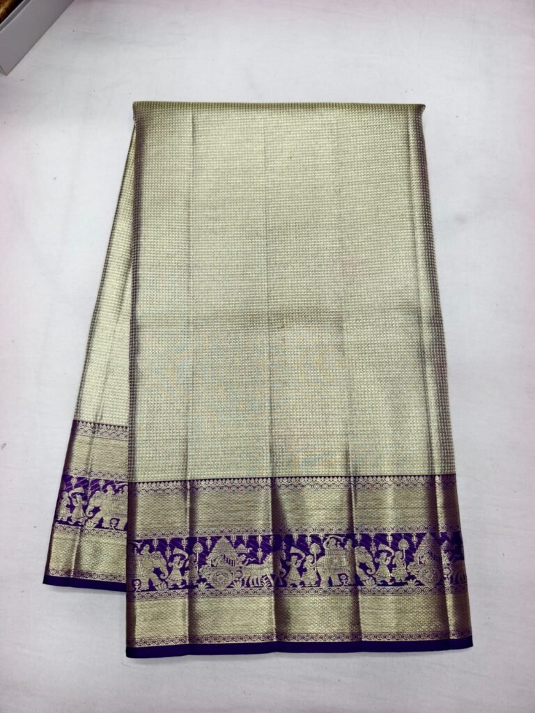 Antique gold Dharmavaram handloom pattu saree with check weave and a deep purple zari figure border