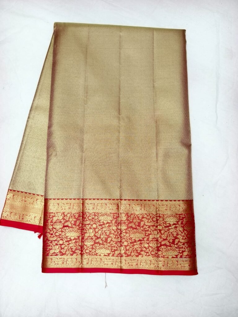 Antique gold Dharmavaram silk saree with fine brocade and a bright red gold zari floral border