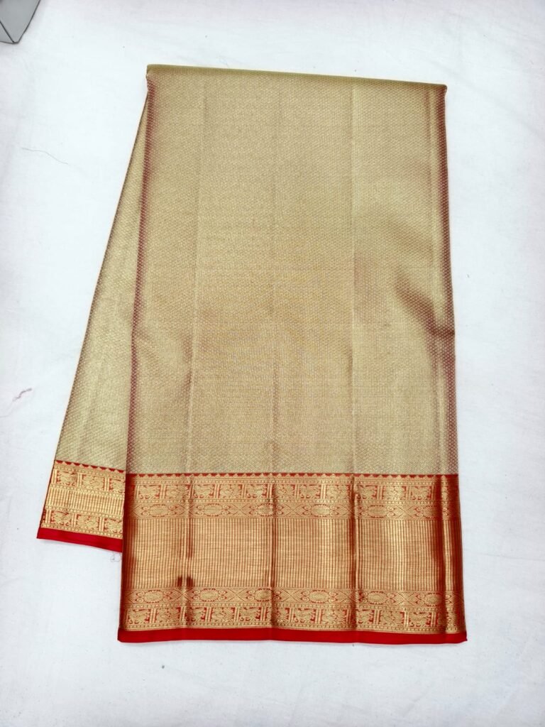 Antique gold Dharmavaram handloom saree with brocade body and a broad red gold zari temple border