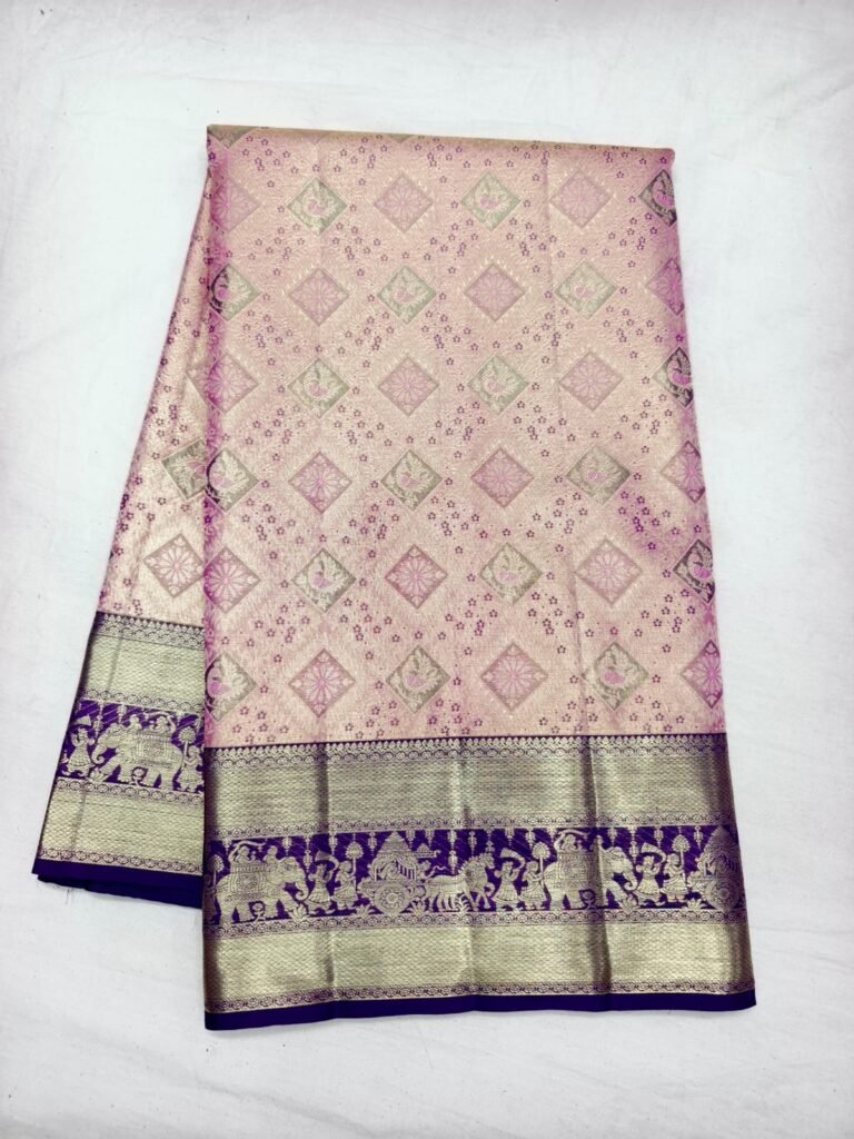 Blush pink Dharmavaram silk saree with diamond lattice brocade and a contrast purple gold zari border