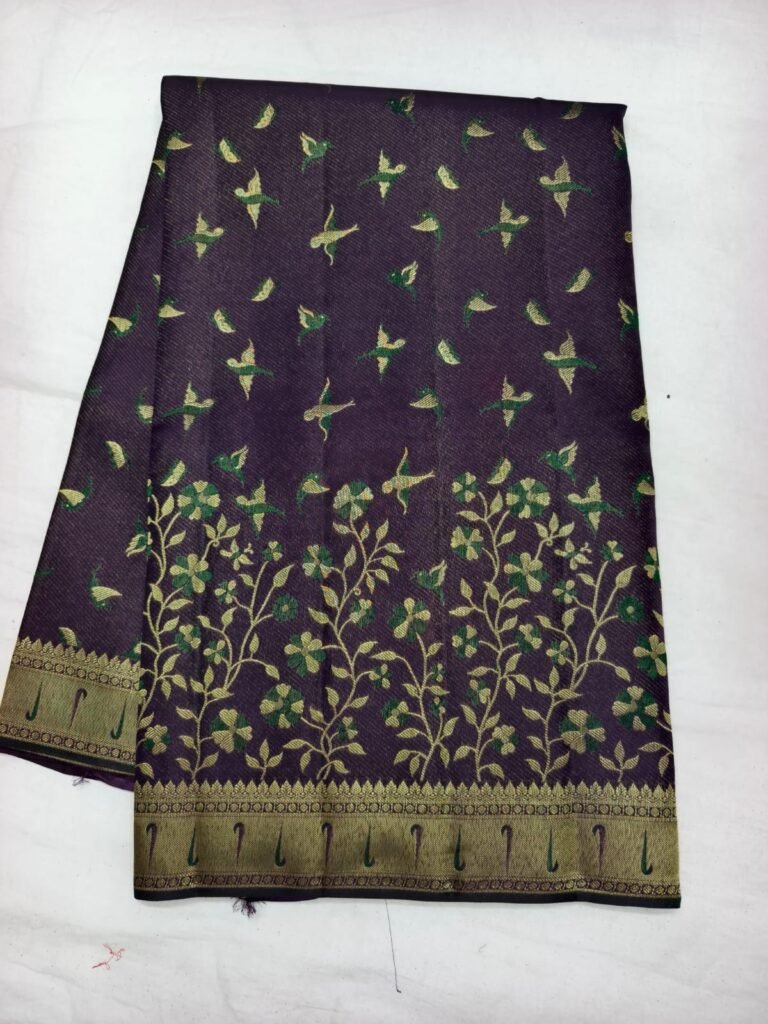 Dark aubergine Dharmavaram meenakari saree with green and gold bird motifs and a floral creeper band