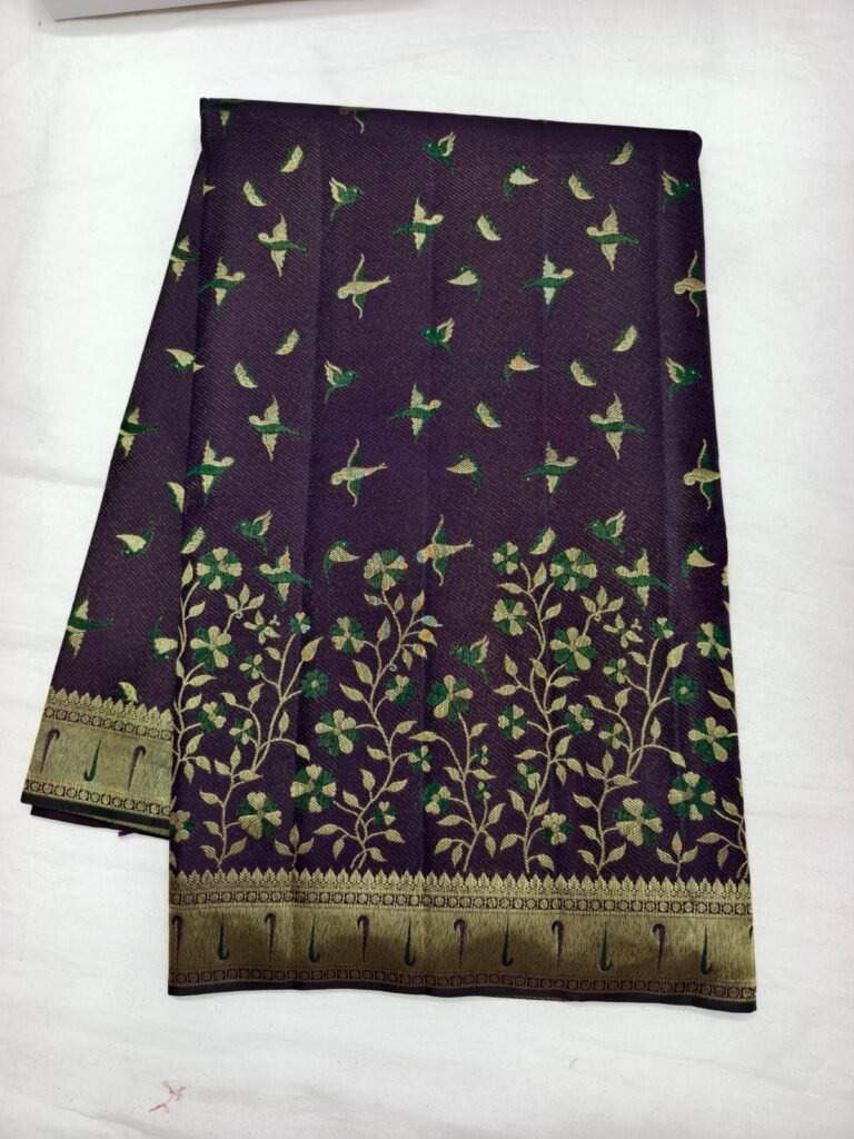 Deep plum Dharmavaram meenakari pattu saree with green bird motifs and a woven floral creeper band