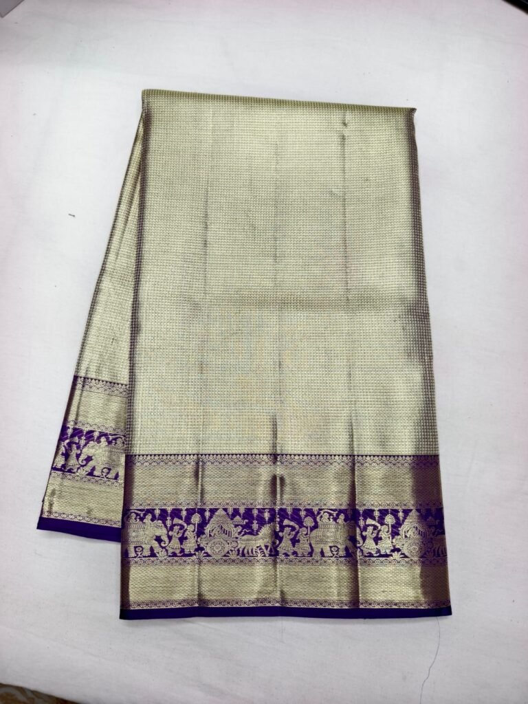Gold Dharmavaram handloom saree with check weave and a purple gold zari border with woven figures