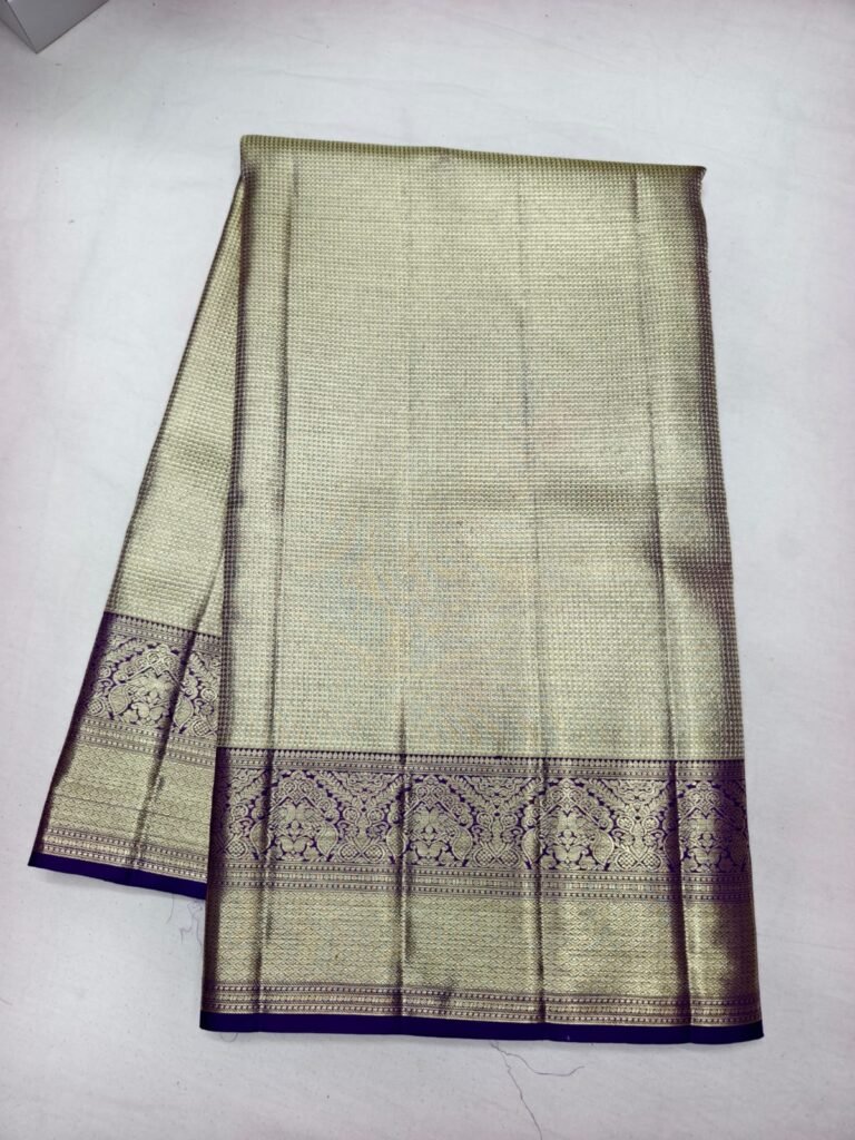Gold Dharmavaram silk saree with check brocade and a broad navy blue gold zari border