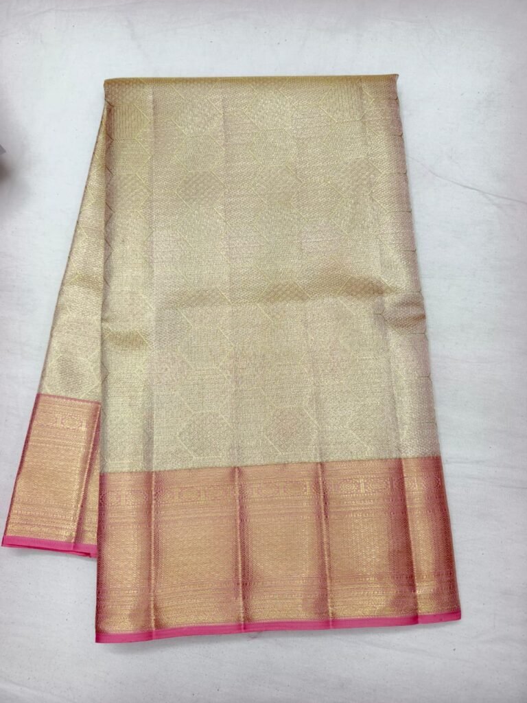 Gold tissue Dharmavaram zari silk saree with fine check weave and a broad pink gold zari border