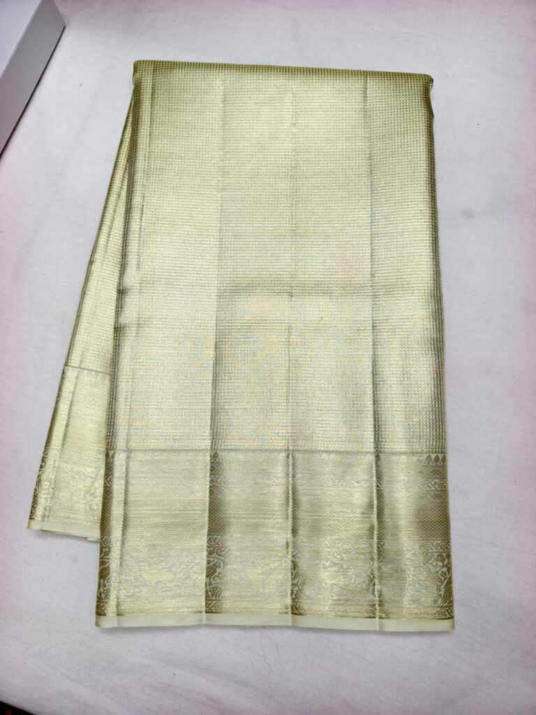 Ivory gold Dharmavaram zari silk saree with self check weave and a matching gold zari border