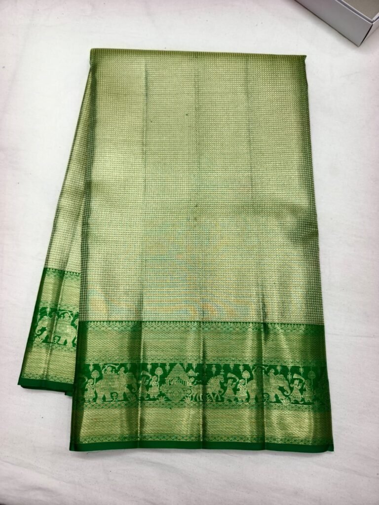 Light green Dharmavaram pattu saree with fine check weave and a dark green zari border with figure band