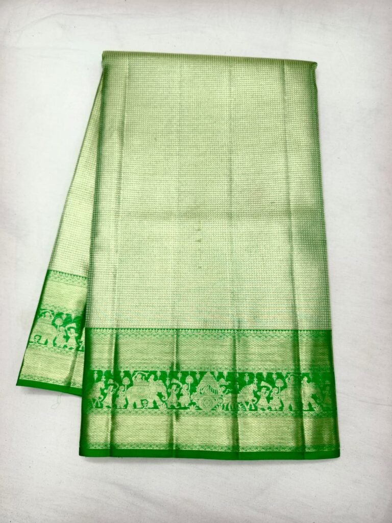 Mint green Dharmavaram handloom saree with check weave and a bright green gold zari figure border