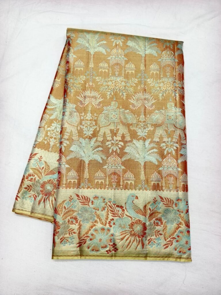 Mustard gold Dharmavaram handloom saree with temple, elephant and palm motifs in aqua and a peacock border