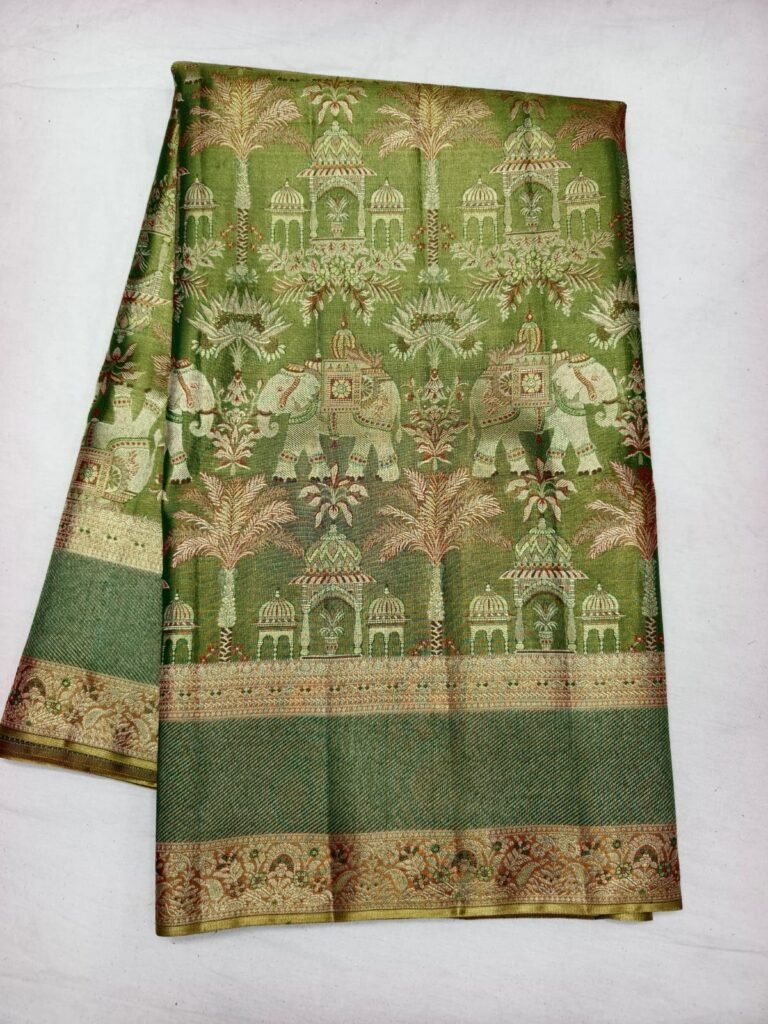 Olive green Dharmavaram bridal silk saree woven with temple mandapam and elephant motifs and a gold zari border