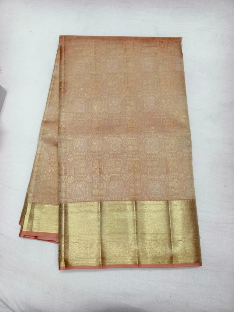 Peach Dharmavaram zari silk saree with square grid brocade and a broad plain gold zari border